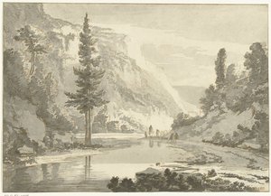 Berglandschaft mit Hirten am Flussufer