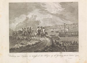 Franzosen beschießen die fliehenden Truppen auf der Gierbrücke, 1794 von Cornelis Brouwer