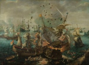 Die Explosion des spanischen Admiralsschiffes von Cornelis Claesz  van Wieringen