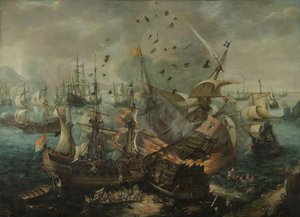 Die Explosion des spanischen Flaggschiffs während der Schlacht von Gibraltar, ca. 1621 von Cornelis Claesz  van Wieringen