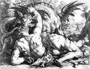 Drache verschlingt die Gefährten von Kadmos, graviert von Hendrik Goltzius, 1588