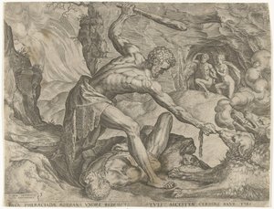 Herkules zieht Cerberus aus der Hölle von Cornelis Cort