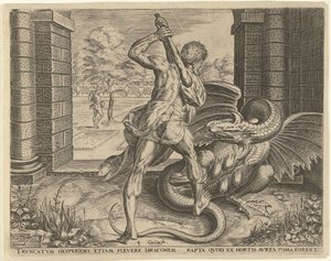 Herkules stiehlt die goldenen Äpfel der Hesperiden von Cornelis Cort