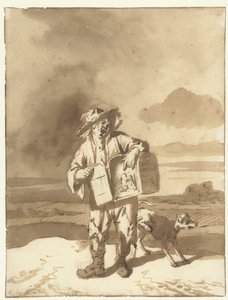 Ein junger Mann mit einem Guckkasten und einem Hund