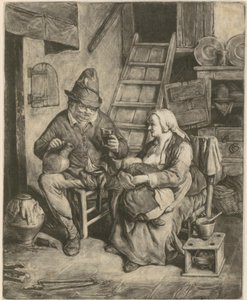 Bauer in Landhaus, neben ihm eine stillende Frau von Cornelis Dusart