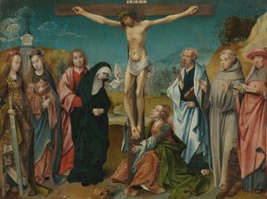 Christus am Kreuz mit Maria, Johannes, Maria Magdalena und den Heiligen Cäcilia und Barbara (links) und Petrus, Franziskus und Hieronymus (rechts)