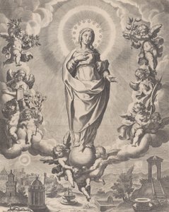 Die Jungfrau in Herrlichkeit, stehend auf Wolken und umgeben von Engeln mit Symbolen, 1595-1633