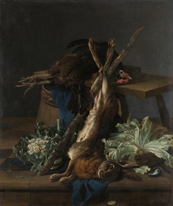 Stillleben mit Hase und schwarzem Hahn