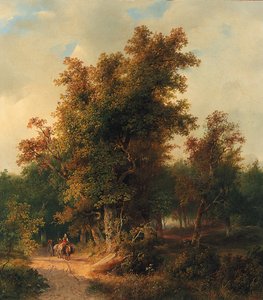 Waldlandschaft mit Reisenden auf einem sandigen Weg