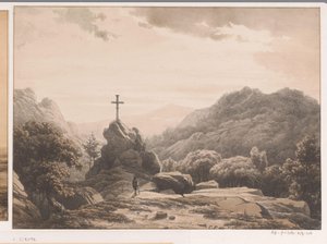 Berglandschaft mit Kreuz auf einem Felsen von Cornelis Lieste