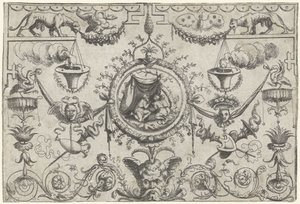Ornament mit drei Figuren, die unter einem Tuch knien von Cornelis Massijs (attributed to)