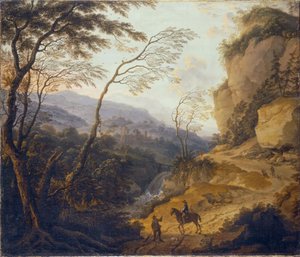 Berglandschaft mit einem Reiter und einem Jäger im Gespräch