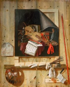Trompe-l’Oeil mit Atelierwand und Vanitasstillleben von Cornelis Norbertus Gysbrechts