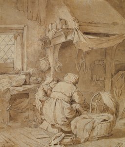 Bauernstube mit Bauer, Wiege und Kind, um 1654