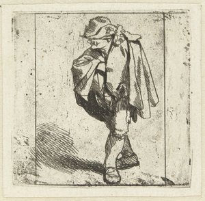 Stehender Mann mit der rechten Hand auf der Brust in seinen Mantel gesteckt von Cornelis Pietersz. Bega
