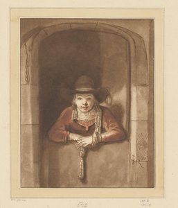 Junge, der sich über eine Tür lehnt von Cornelis Ploos van Amstel (signed by artist)