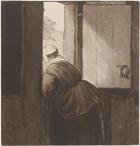 Frau lehnt sich über eine Halbtür von Cornelis Ploos van Amstel (signed by artist)