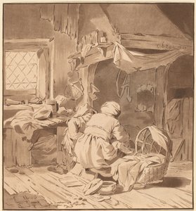 Innenraum eines Bauernhauses mit zwei Frauen