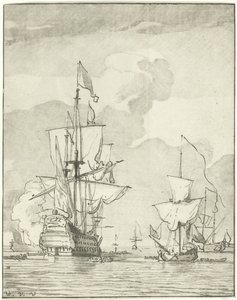 Kriegsschiff feuert einen Schuss ab von Cornelis Ploos van Amstel