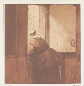 Frau, die sich über eine Tür lehnt von Cornelis Ploos van Amstel