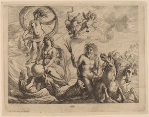 Neptun mit zwei Pferden auf dem Meer