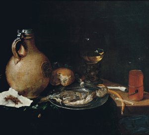 Ein irdenes Krug, Tabak in einem Stück Papier, ein Brötchen, eine weiße Tonpfeife, ein Römer, geschnittener Hering auf einem Zinnteller und ein Kometenglas auf einem teilweise drapierten Holztisch, 1664