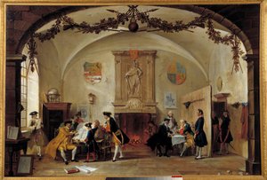 Allegorie des Krieges gegen Frankreich. Niederländische Soldaten studieren Strategien während des Spanischen Erbfolgekrieges (1701-1714) zwischen Frankreich und Spanien und einer Koalition aus England, den Niederlanden und Preußen. Gemälde von Cornelis Tro von Cornelis Troost