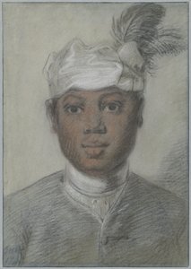 Kopf eines jungen schwarzen Mannes mit gefiedertem Turban