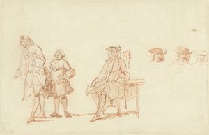 Studienblatt mit zwei stehenden Männern und einem sitzenden Mann, dessen Kopf dreimal wiederholt ist von Cornelis Troost