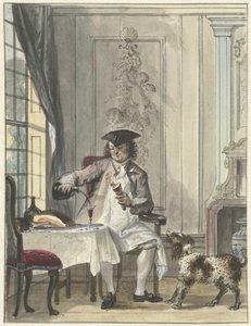 Mann beim Essen mit einem Glas Wein und einem Knochen von Cornelis Troost