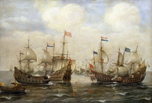Ein Zusammenstoß zwischen den Spaniern und den Niederländern, um 1630, jedes Boot hat seine Flagge, und links trägt ein Boot die Flagge der niederländischen Generalstaaten von Cornelis Verbeeck