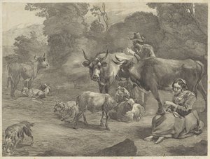 Landschaft mit einem Hirten und einer nähenden Hirtin von Cornelis Visscher (II)
