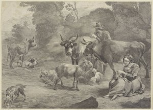 Landschaft mit einem Hirten und einer nähenden Hirtin von Cornelis Visscher (II)