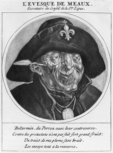 Protestantische Karikatur von Bossuet, Bischof von Meaux, Illustration aus Les Heros de La Ligue ou La Procession monacale, conduite par Louis XIV, pour la conversion des protestants de son royaume, Paris