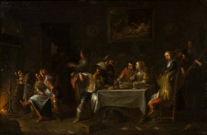 Damen und Herren beim Festmahl um einen Tisch von Cornelis de (attr. to) Wael