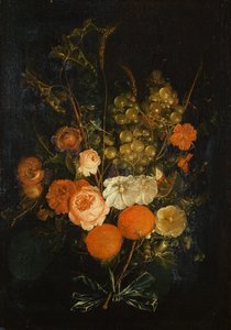 Rosenstrauß, Nelken, Orangen, Trauben, Eicheln und Kastanien von Cornelis de Heem