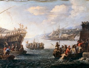 Soldaten, die sich im Hafen von Genua einschiffen, um gegen die Türken zu kämpfen von Cornelis de Wael