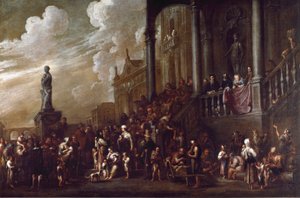 Die sieben Werke der leiblichen Barmherzigkeit: „den Hungrigen zu essen geben“ Gemälde von Cornelis De Wael (1592-1667) (ec.flam) Genua, Sammlung Banco di Chiavari von Cornelis de Wael
