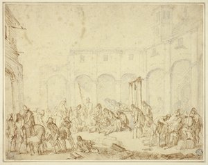 Verwundete Soldaten in einem Hof auf dem Stadtplatz