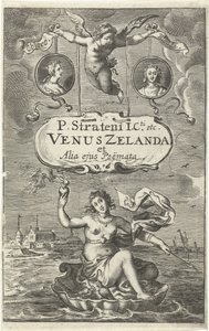 Venus auf Muschel mit brennendem Herz und Pfeil treibt vor der Küste von Zeeland, darüber zwei Medaillons mit Porträts von Cloës und Blondae und Kartusche mit Titel gehalten von Amor von Cornelis van Dalen (I)
