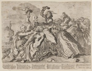 Sieben Frauen kämpfen um eine Männerhose von Cornelis van Kittensteyn
