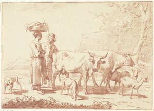 Hirte und eine Frau mit Kühen und Schafen von Cornelis van Noorde