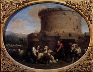 Hirten, Herden und Bauern an einem Brunnen in Rom von Cornelis van Poelenburgh