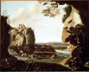 Orpheus spielt Geige am Eingang zur Hölle