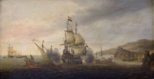 Seeschlacht zwischen niederländischen Kriegsschiffen und spanischen Galeeren, ca. 1633-50 von Cornelius Bol