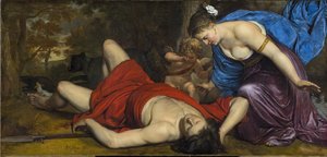 Venus und Amor trauern um den toten Adonis von Cornelius Holsteyn