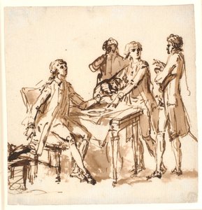 Vier Männer an einem Tisch diskutieren ein Projekt. von Cornelius Høyer