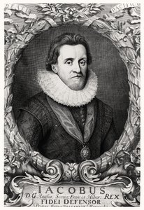 Porträt von James I., König von Großbritannien, graviert von R. White, 1669 von Cornelius I after Johnson