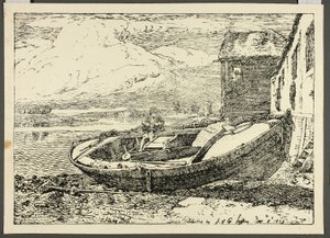 Ein Junge sitzt auf einem aufgebockten Schiff von Cornelius Varley