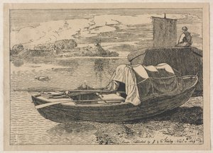 Boote auf einem Fluss, Windmühle in der Ferne von Cornelius Varley